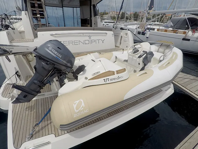 Exterior view of Serendipity I, a Prestige 500 motorboat at Grad Šibenik, Croatia
