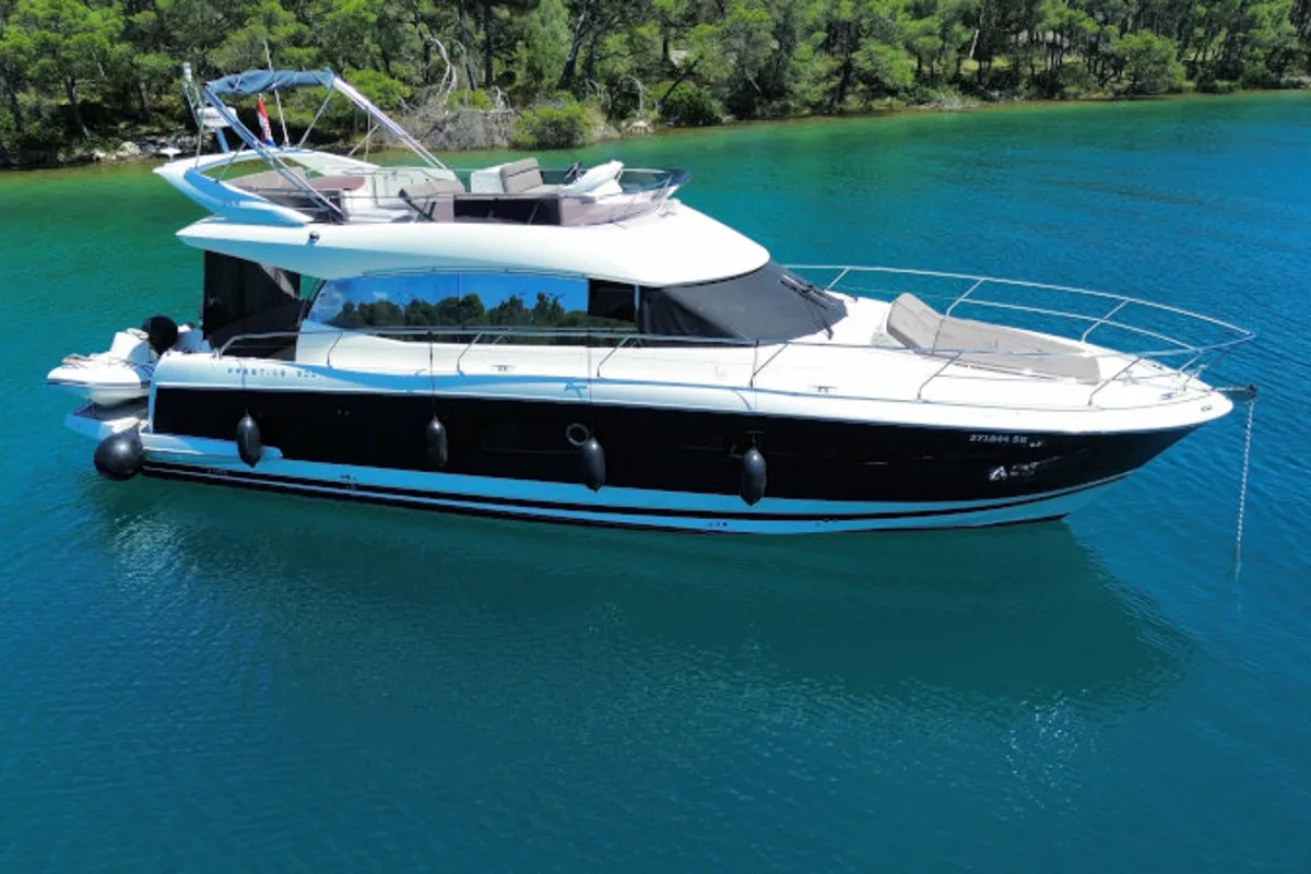 Exterior view of Serendipity I, a Prestige 500 motorboat at Grad Šibenik, Croatia