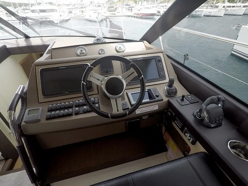 Cockpit of Serendipity I, a Prestige 500 motorboat at Grad Šibenik, Croatia