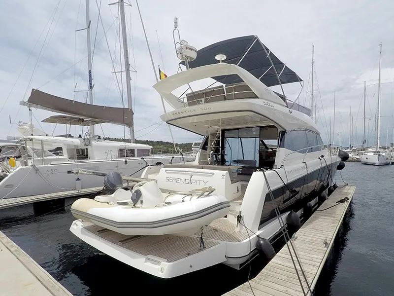 Exterior view of Serendipity I, a Prestige 500 motorboat at Grad Šibenik, Croatia