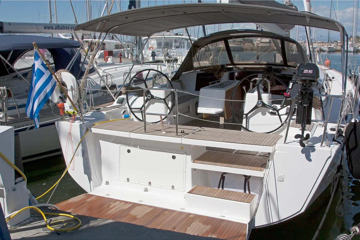 Cockpit of Vaiana, a Dufour 460 GL sailboat at Sithonia Municipal Unit, Greece