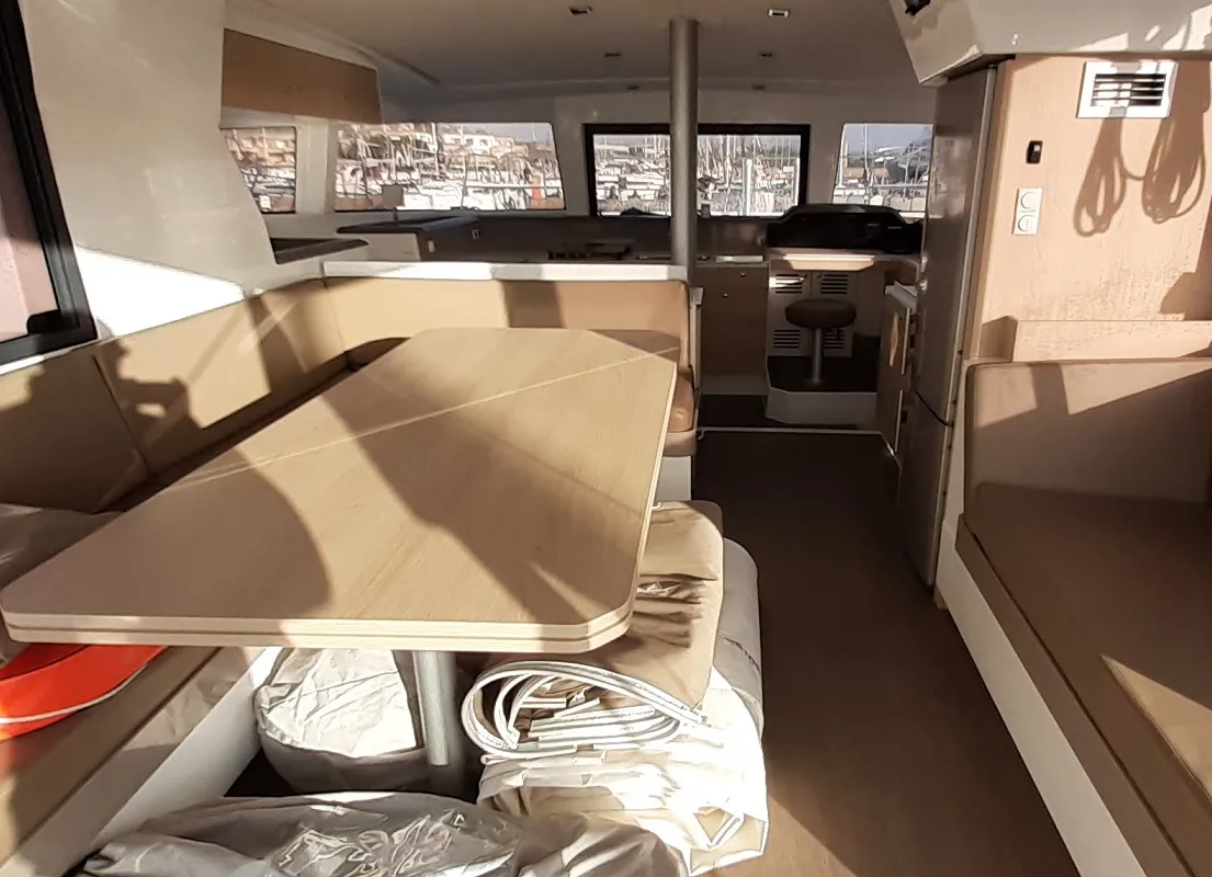 Salon of Eleftheria, a Bali 4.1 catamaran at Olbia, Italy