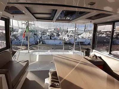 Salon of Eleftheria, a Bali 4.1 catamaran at Olbia, Italy