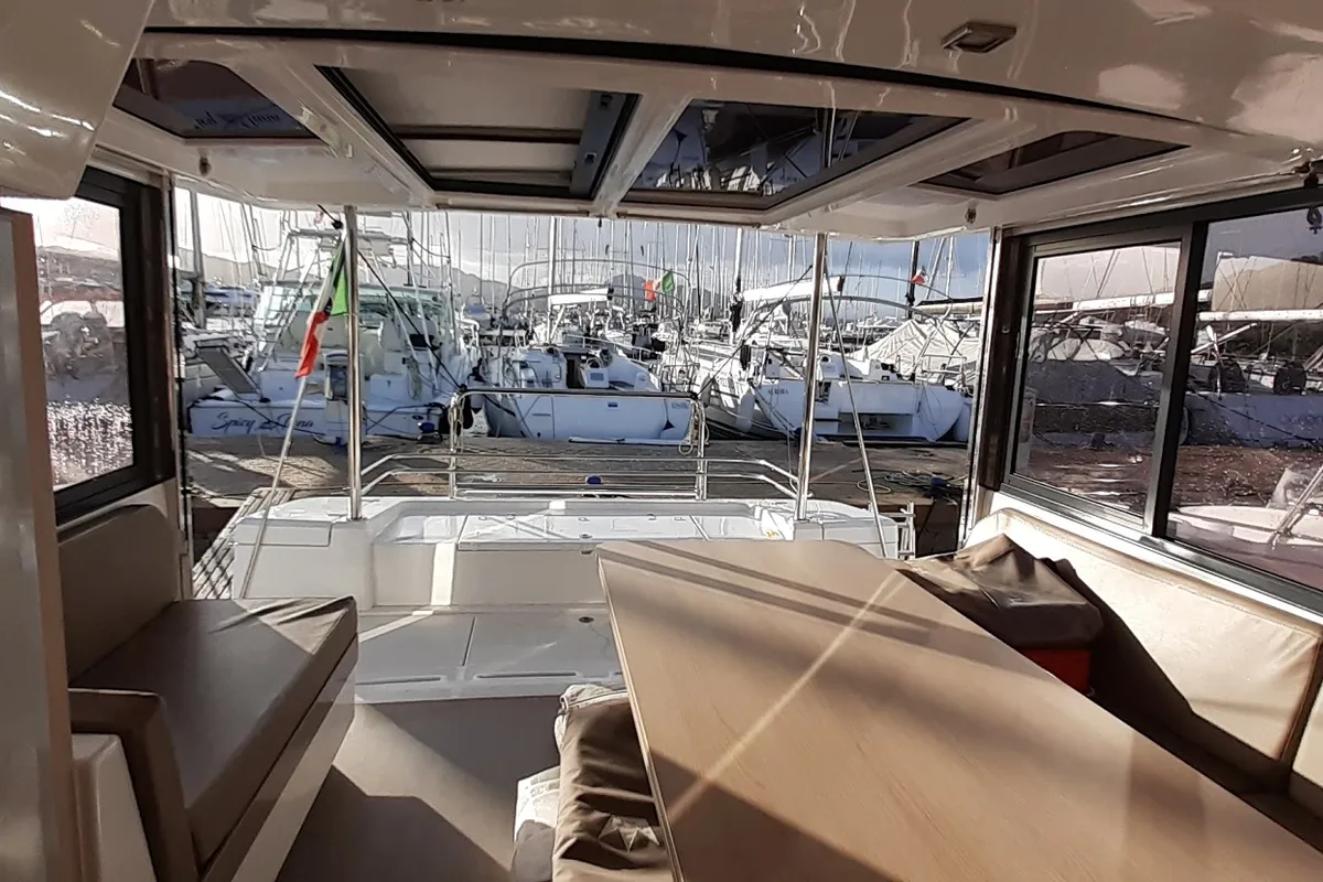 Salon of Eleftheria, a Bali 4.1 catamaran at Olbia, Italy