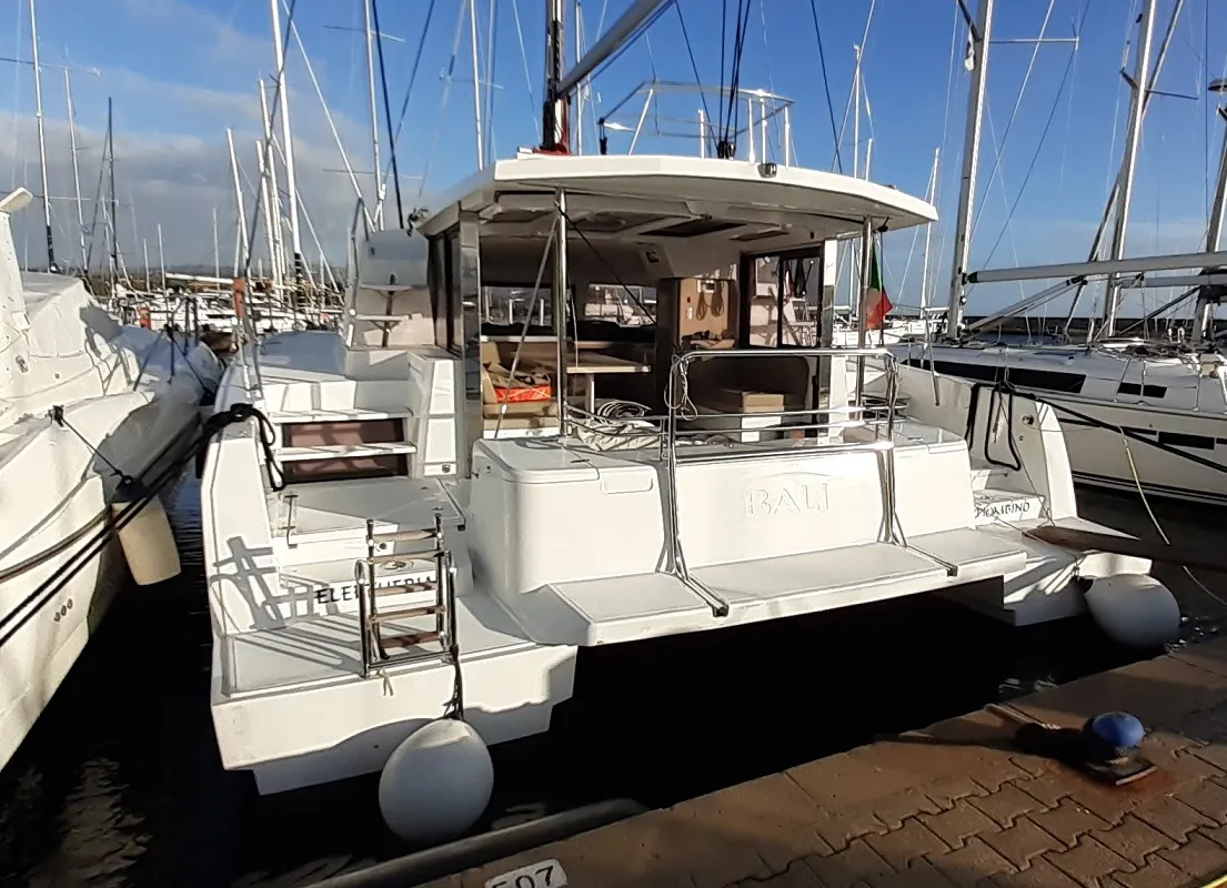 Exterior view of Eleftheria, a Bali 4.1 catamaran at Olbia, Italy