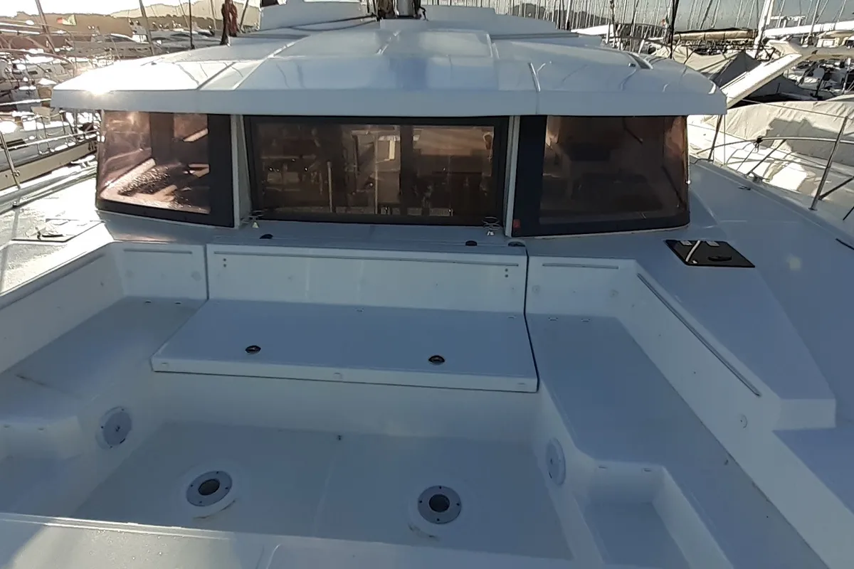 Deck of Eleftheria, a Bali 4.1 catamaran at Olbia, Italy