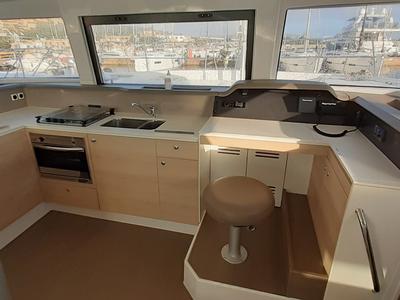 Galley of Eleftheria, a Bali 4.1 catamaran at Olbia, Italy