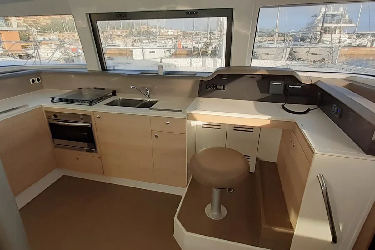 Galley of Eleftheria, a Bali 4.1 catamaran at Olbia, Italy