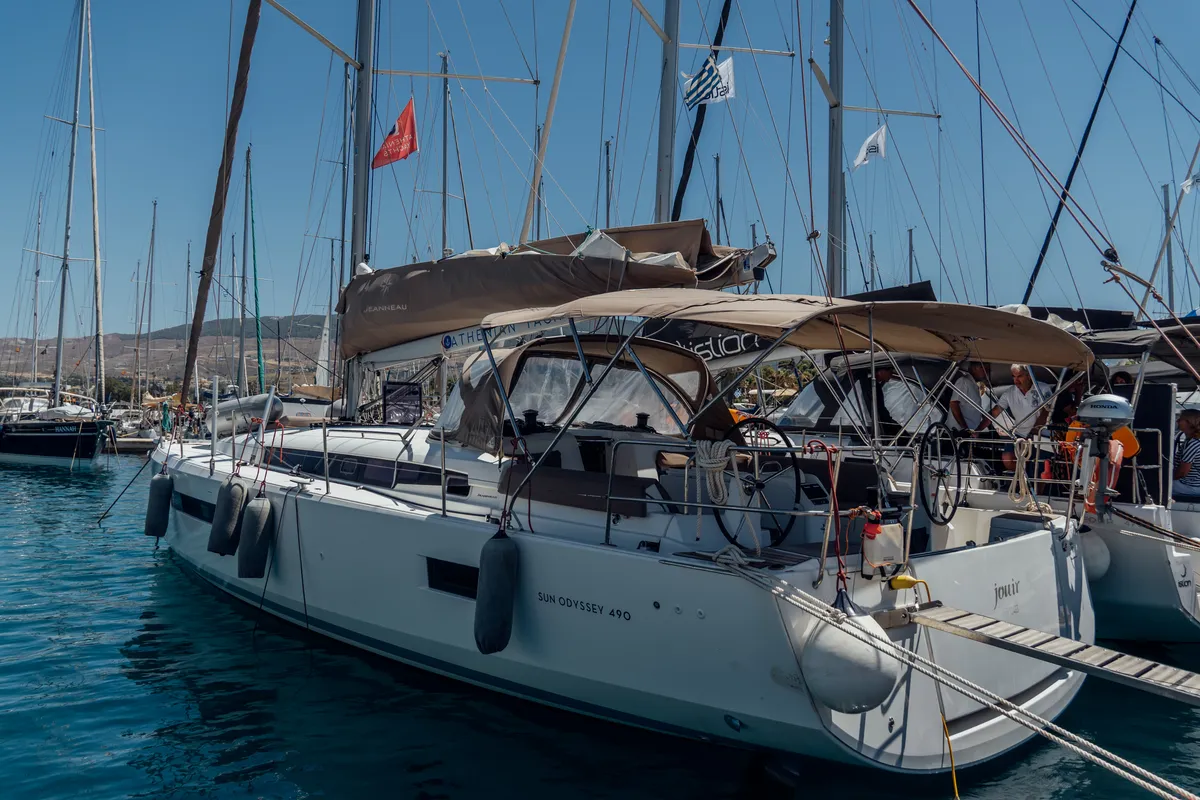 Exterior view of Jouir, a Jeanneau Sun Odyssey 490 sailboat at Kos, Greece