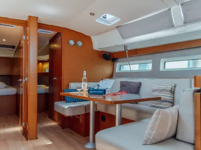 Salon of Jouir, a Jeanneau Sun Odyssey 490 sailboat at Kos, Greece