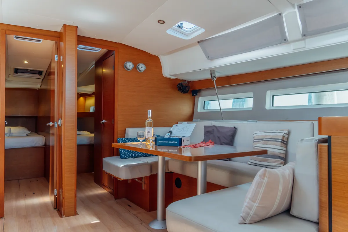 Salon of Jouir, a Jeanneau Sun Odyssey 490 sailboat at Kos, Greece