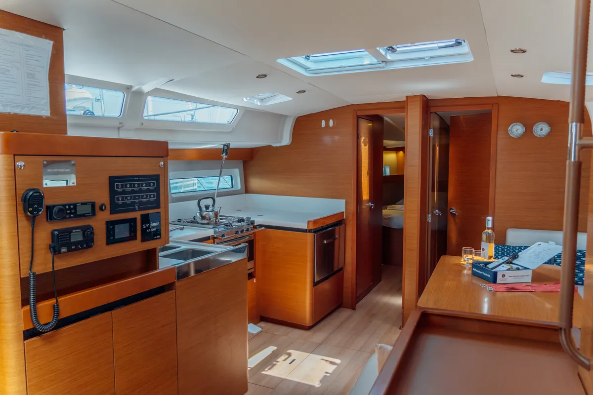 Galley of Jouir, a Jeanneau Sun Odyssey 490 sailboat at Kos, Greece