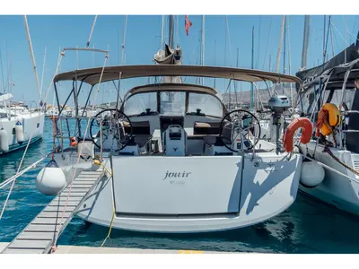 Cockpit of Jouir, a Jeanneau Sun Odyssey 490 sailboat at Kos, Greece
