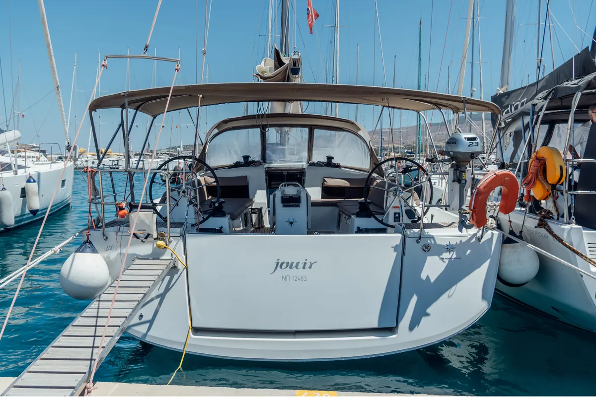 Cockpit of Jouir, a Jeanneau Sun Odyssey 490 sailboat at Kos, Greece