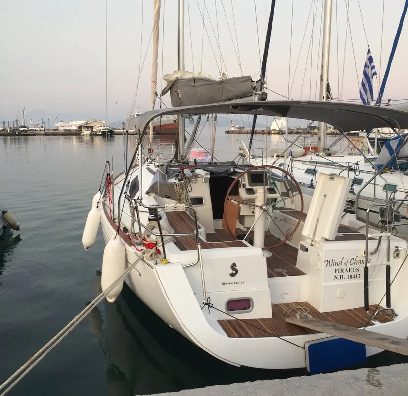 Exterior view of Wind of Change, a Beneteau Oceanis 37 sailboat at Parikia, Greece