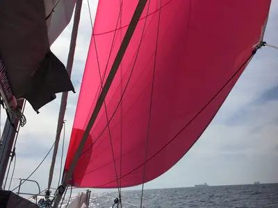 Exterior view of Wind of Change, a Beneteau Oceanis 37 sailboat at Parikia, Greece