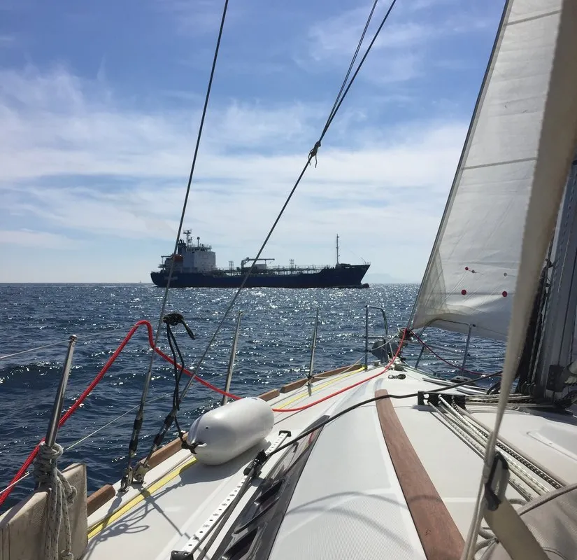 Exterior view of Wind of Change, a Beneteau Oceanis 37 sailboat at Parikia, Greece