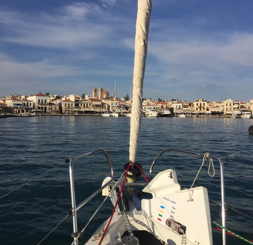 Exterior view of Wind of Change, a Beneteau Oceanis 37 sailboat at Parikia, Greece