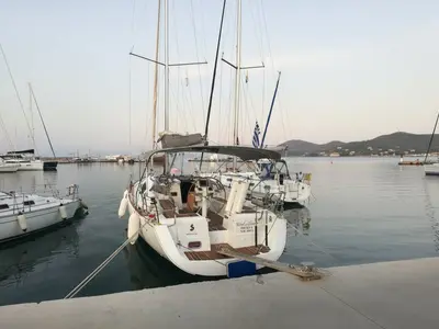 Exterior view of Wind of Change, a Beneteau Oceanis 37 sailboat at Parikia, Greece