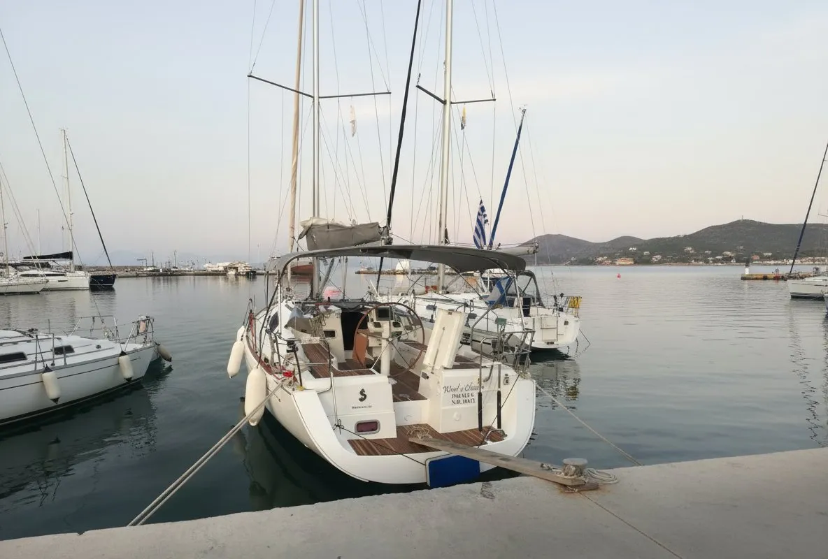Exterior view of Wind of Change, a Beneteau Oceanis 37 sailboat at Parikia, Greece