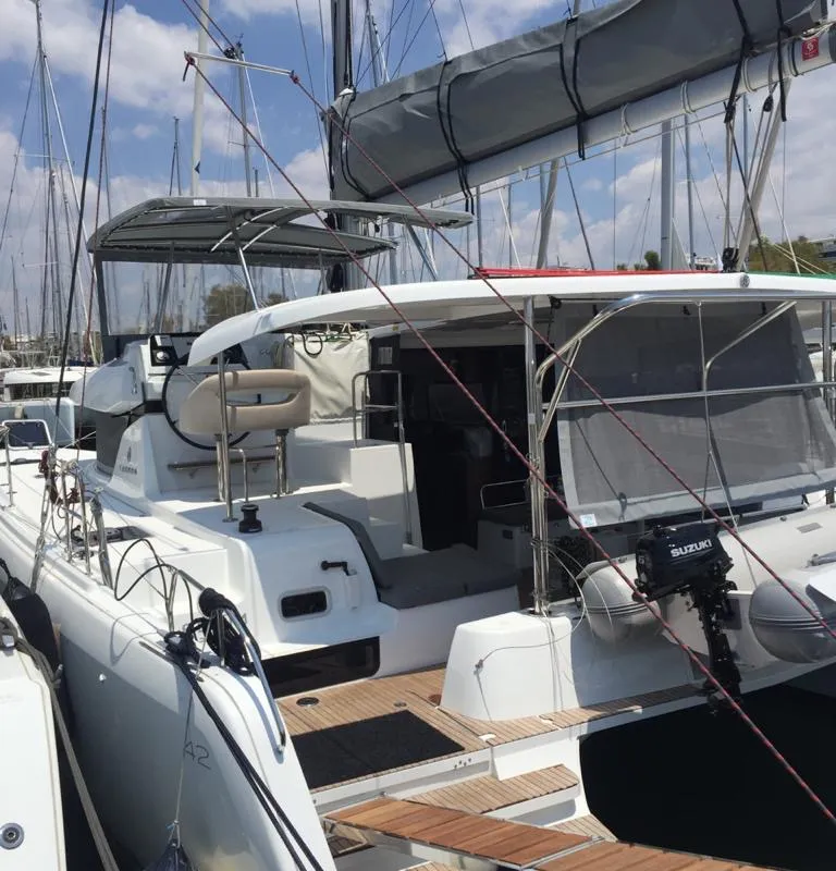 Exterior view of Freedom, a Lagoon 42 catamaran at Kontokali, Greece