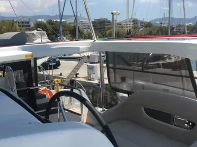 Cockpit of Freedom, a Lagoon 42 catamaran at Kontokali, Greece