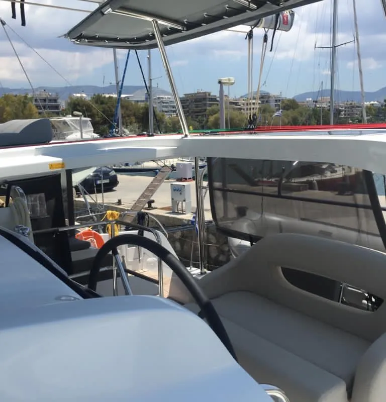 Cockpit of Freedom, a Lagoon 42 catamaran at Kontokali, Greece