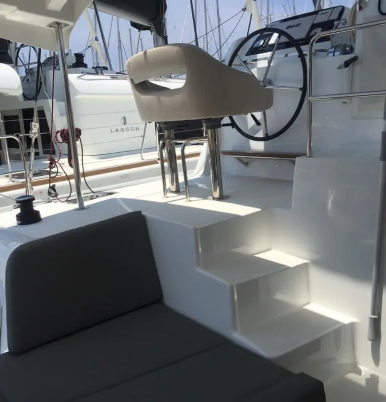 Cockpit of Freedom, a Lagoon 42 catamaran at Kontokali, Greece