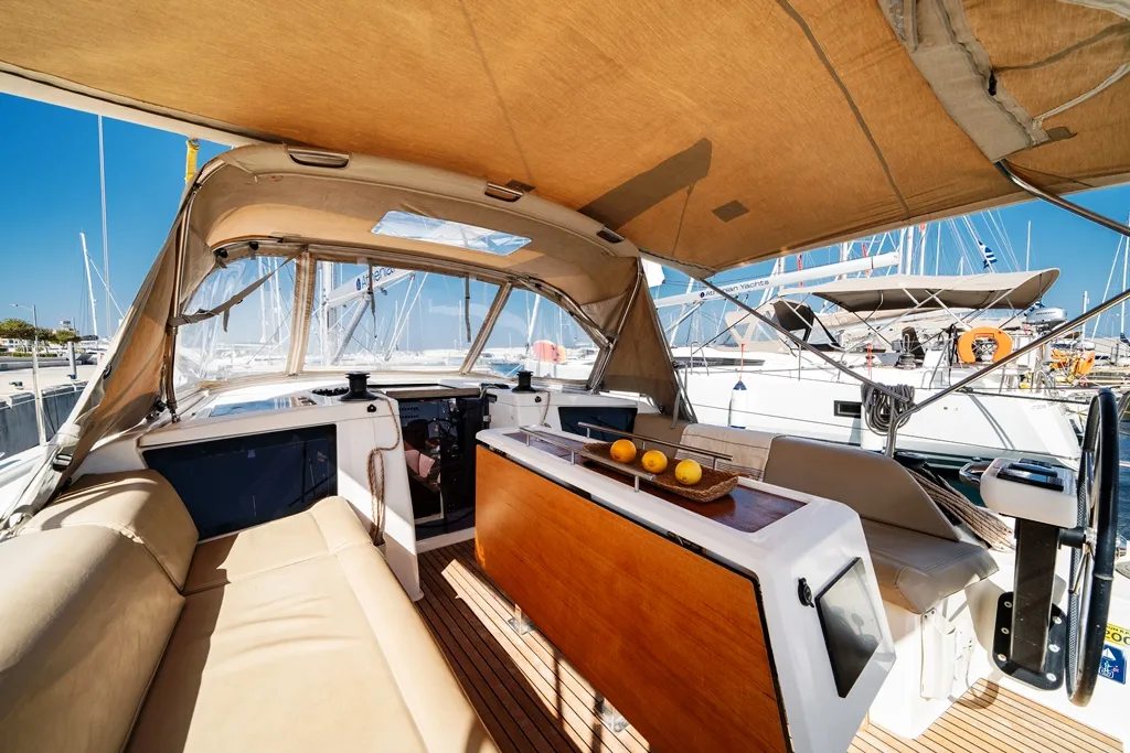 Deck of Artemis, a Dufour 390 GL sailboat at Municipal Unit of Rhodes, Greece