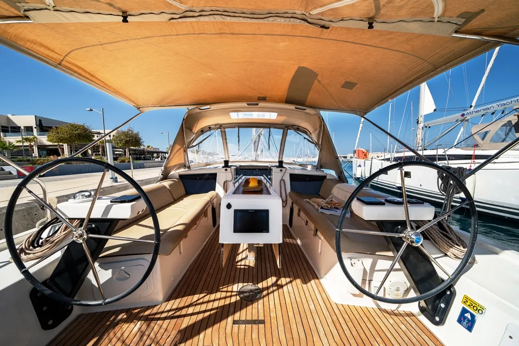 Cockpit of Artemis, a Dufour 390 GL sailboat at Municipal Unit of Rhodes, Greece