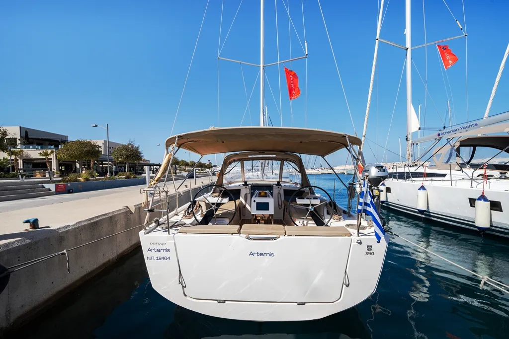 Exterior view of Artemis, a Dufour 390 GL sailboat at Municipal Unit of Rhodes, Greece