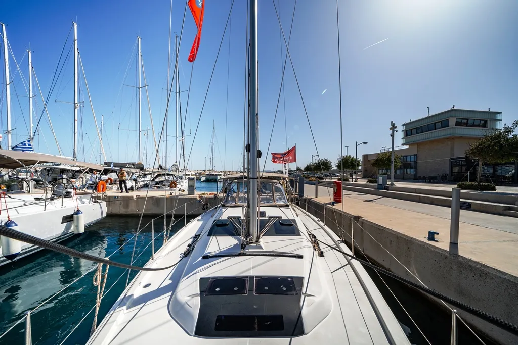 Exterior view of Artemis, a Dufour 390 GL sailboat at Municipal Unit of Rhodes, Greece