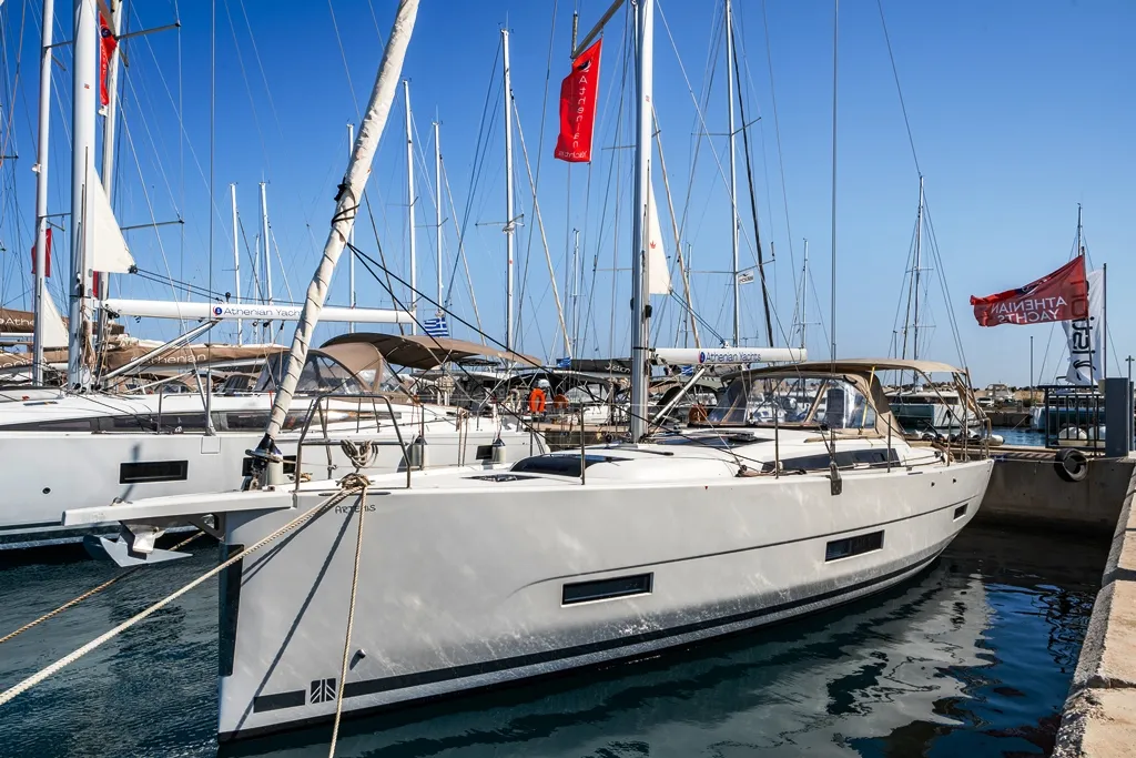 Exterior view of Artemis, a Dufour 390 GL sailboat at Municipal Unit of Rhodes, Greece