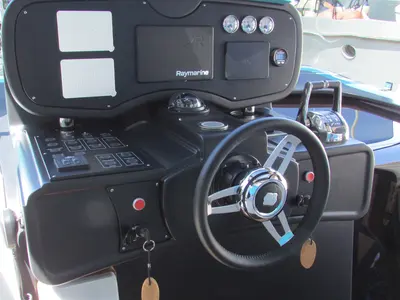 Cockpit of Federika III, a Gulet Italyure 38 motorboat at es Jonquet, Spain