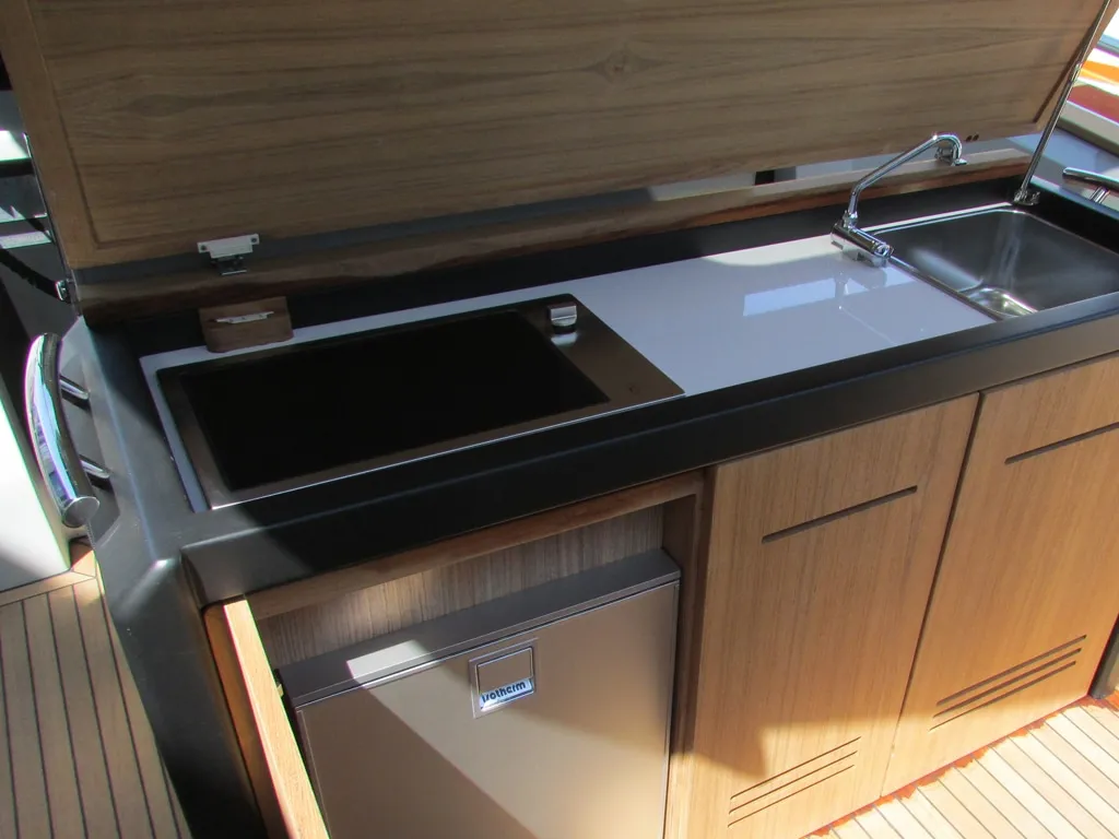 Galley of Federika III, a Gulet Italyure 38 motorboat at es Jonquet, Spain