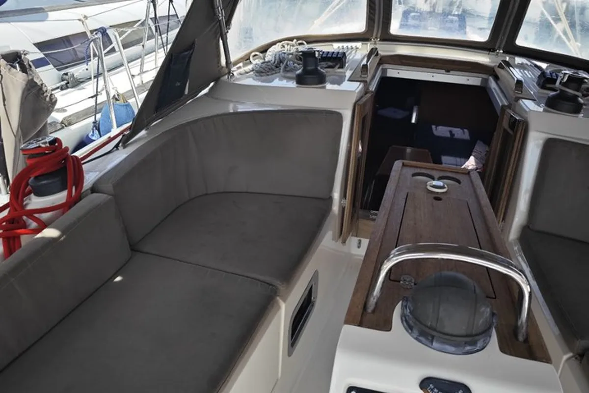 Deck of Almira, a Bavaria Cruiser 37 sailboat at Fethiye, Turkey