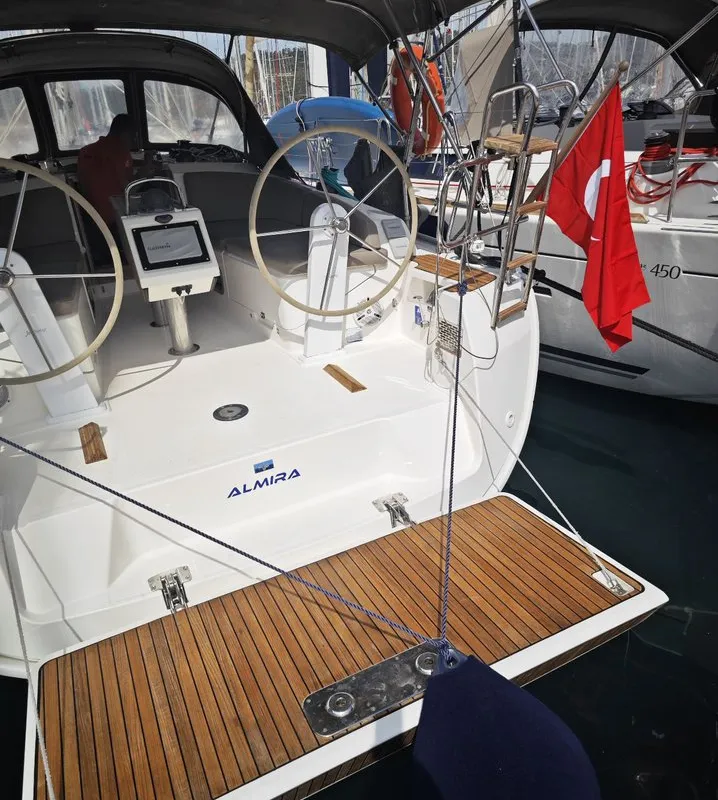 Deck of Almira, a Bavaria Cruiser 37 sailboat at Fethiye, Turkey