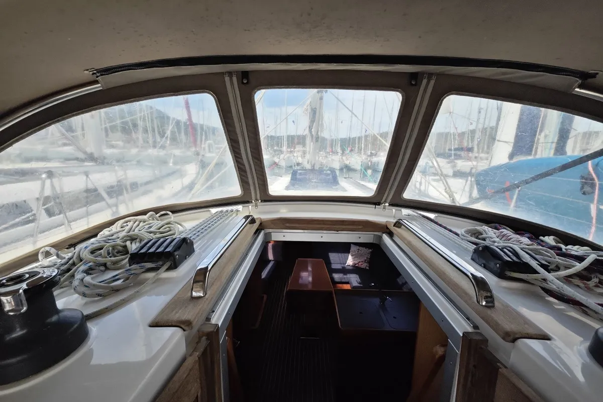 Deck of Almira, a Bavaria Cruiser 37 sailboat at Fethiye, Turkey