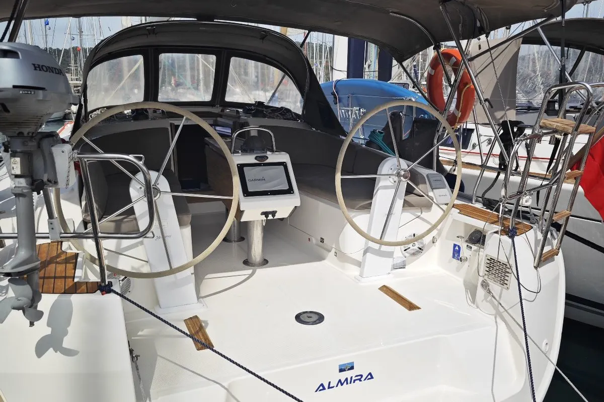 Cockpit of Almira, a Bavaria Cruiser 37 sailboat at Fethiye, Turkey