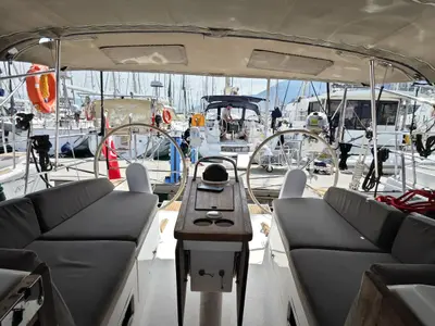 Cockpit of Almira, a Bavaria Cruiser 37 sailboat at Fethiye, Turkey