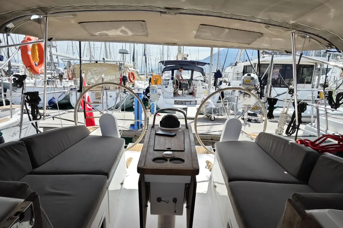 Cockpit of Almira, a Bavaria Cruiser 37 sailboat at Fethiye, Turkey