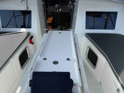 Cockpit of Fortnite, a Jeanneau Sun Odyssey 410 sailboat at Castellammare di Stabia, Italy