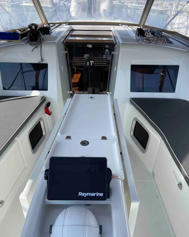 Cockpit of Fortnite, a Jeanneau Sun Odyssey 410 sailboat at Castellammare di Stabia, Italy