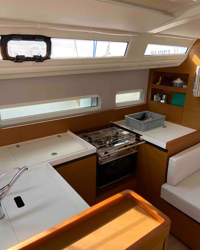 Galley of Fortnite, a Jeanneau Sun Odyssey 410 sailboat at Castellammare di Stabia, Italy