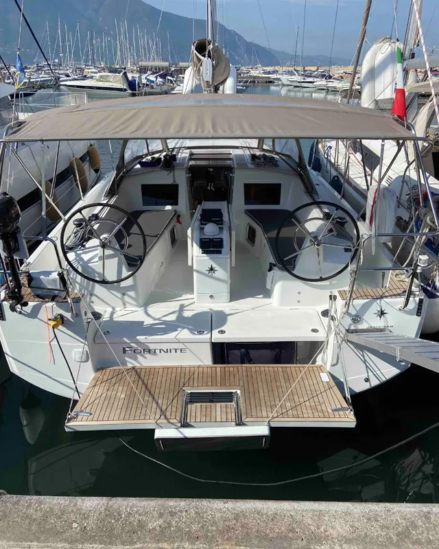 Exterior view of Fortnite, a Jeanneau Sun Odyssey 410 sailboat at Castellammare di Stabia, Italy