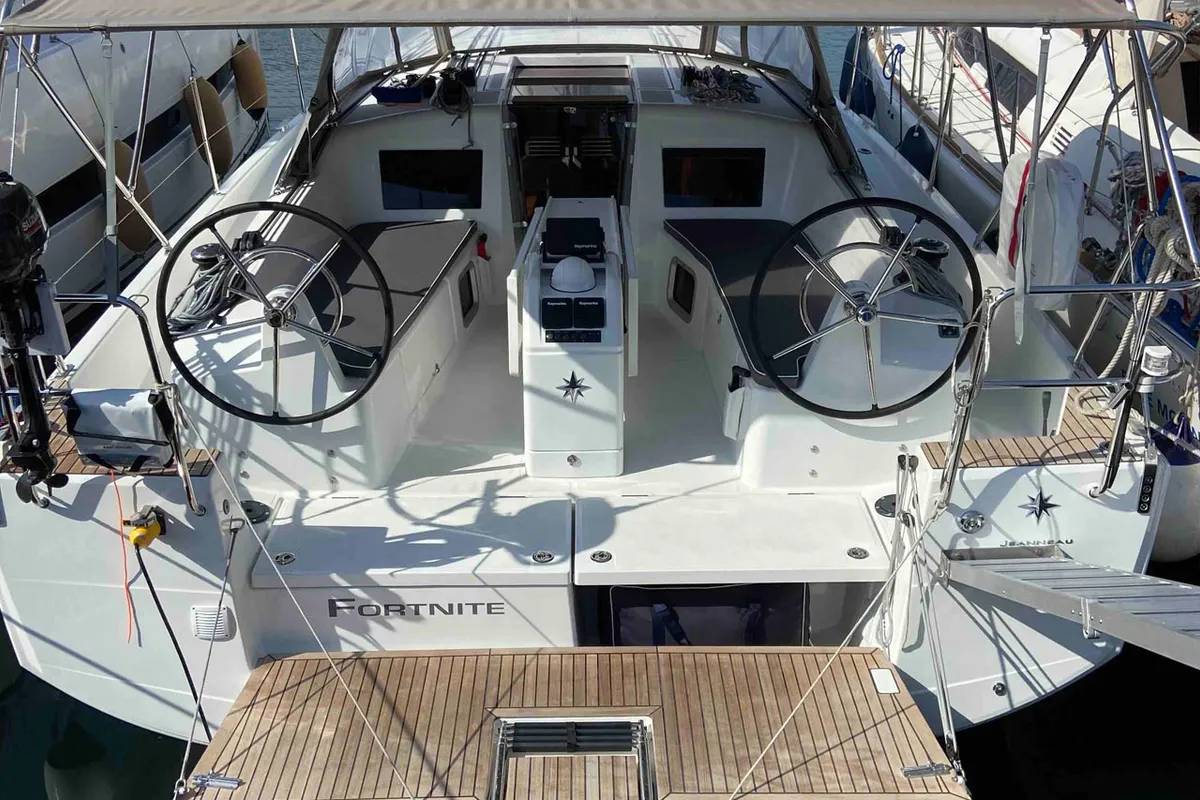 Exterior view of Fortnite, a Jeanneau Sun Odyssey 410 sailboat at Castellammare di Stabia, Italy