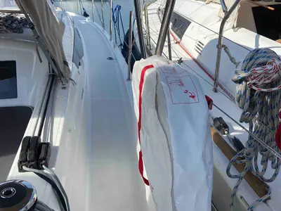 Deck of Fortnite, a Jeanneau Sun Odyssey 410 sailboat at Castellammare di Stabia, Italy