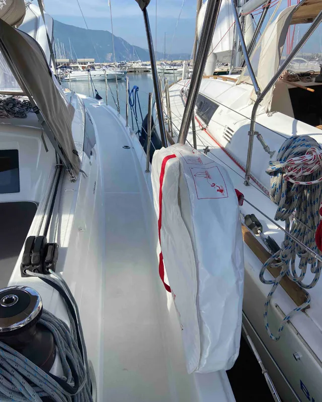 Deck of Fortnite, a Jeanneau Sun Odyssey 410 sailboat at Castellammare di Stabia, Italy
