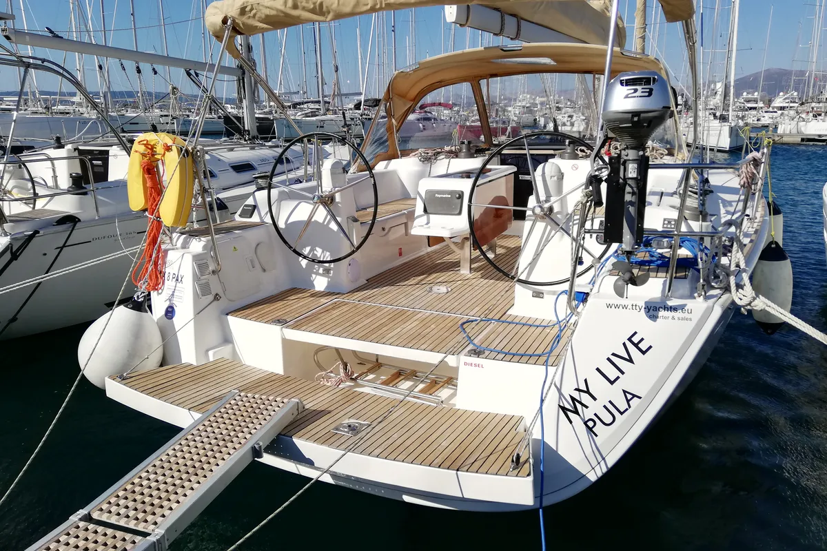 Exterior view of My Life, a Dufour 450 Grand Large sailboat at Grad Pula, Croatia