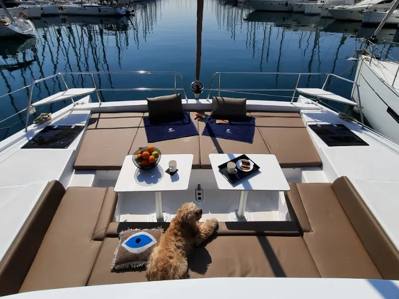 Deck of Nolima, a Bali 4.1 catamaran at Kontokali, Greece